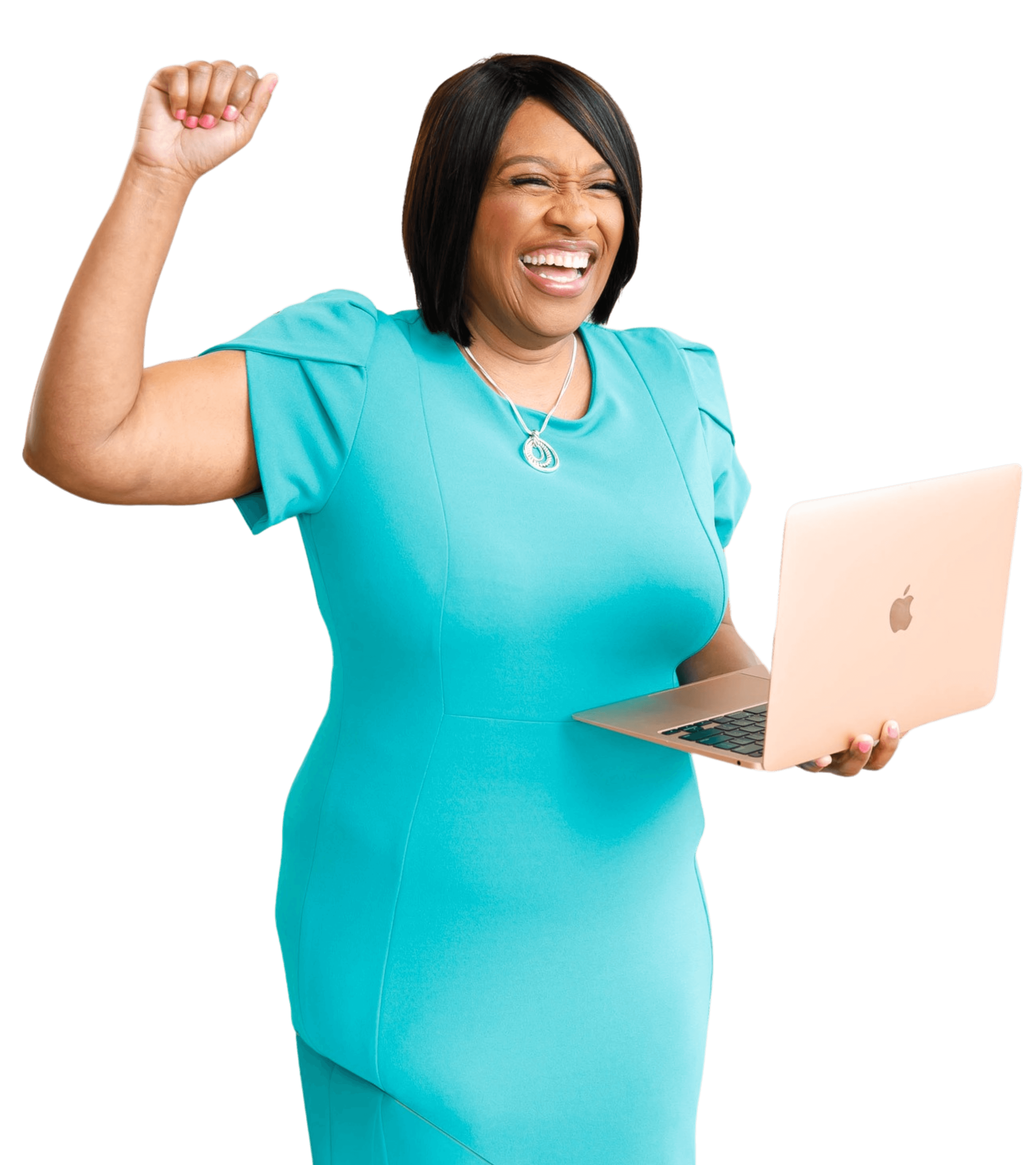 A woman holding her laptop and raising her fist.