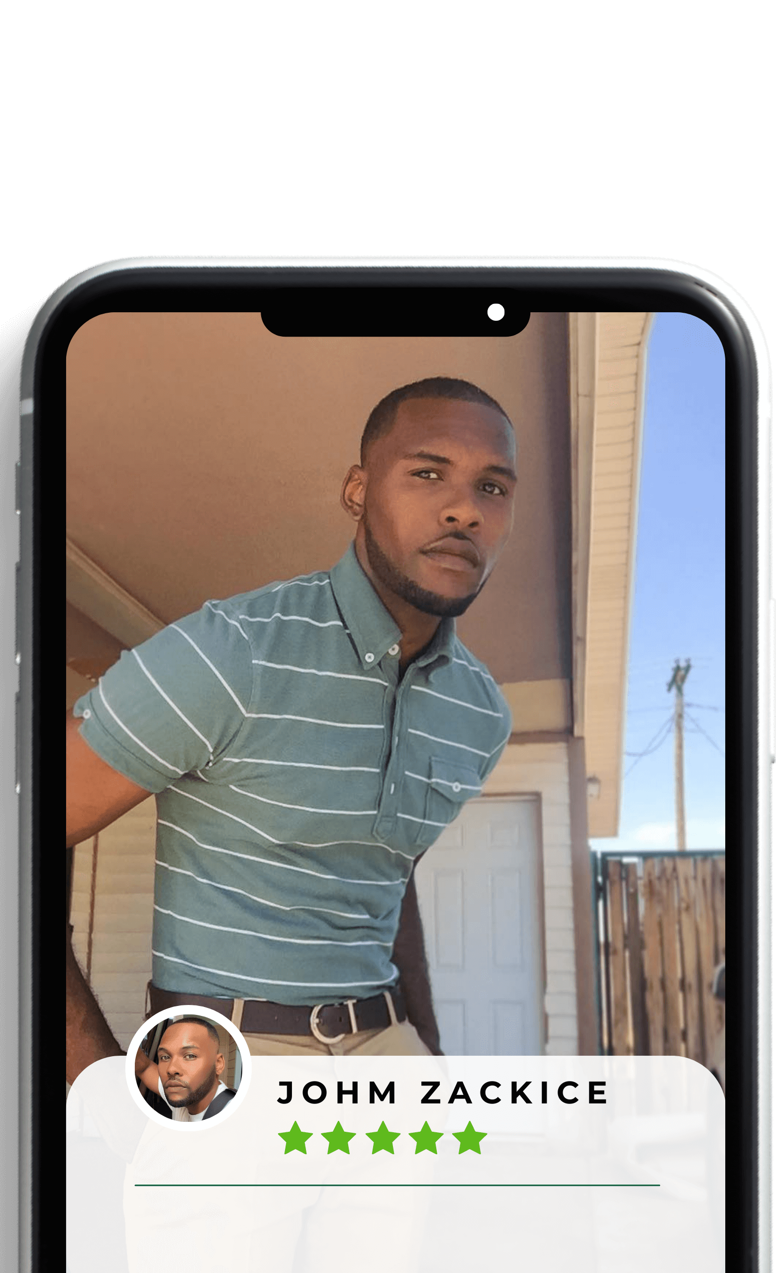 A man in striped shirt standing on top of his phone.